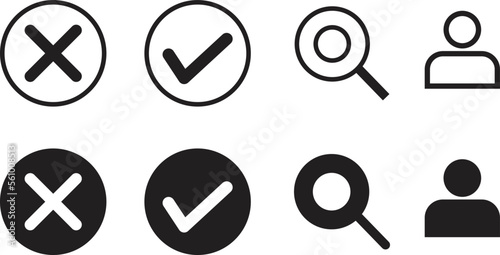  checkmark icon,  cross mark icon, magnifying glass icon,  Name icon, Man icon, People icon, illustration of a set of icons, illustration of a set of icons for design