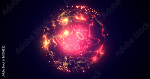 A round planet with a molten core in the center in space, a star sphere with a fiery magical luminous energy field from plasma. Abstract background