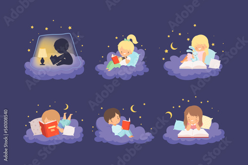 Cute kids reading books before sleeping set. Adorable girls and boys lying in bed and fluffy cloud with book cartoon