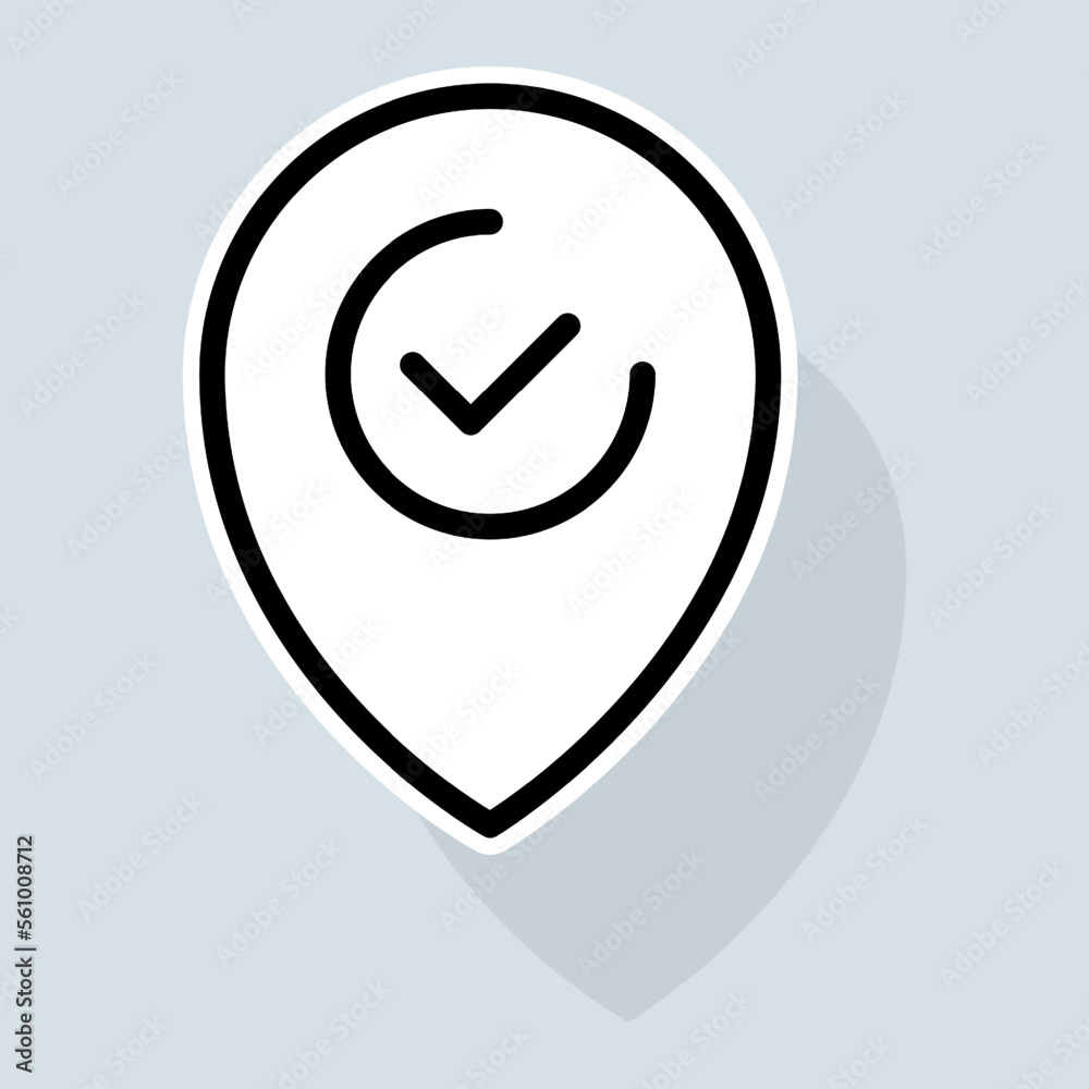 Gps with check mark line icon. Rating, clipboard with thumbs up like, dislike, rate the service, clipboard with checkmark. Feedback concept. Vector sticker line icon on white background Gps with check mark line icon. Rating, clipboard with thumbs up like, dislike, rate the service, clipboard with checkmark. Feedback concept. Vector sticker line icon on white background