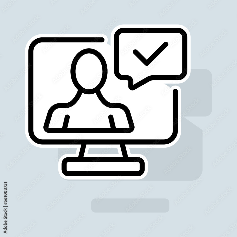Human with check mark line icon. Rating, clipboard with thumbs up like, dislike, rate the service, clipboard with checkmark. Feedback concept. Vector sticker line icon on white background Human with check mark line icon. Rating, clipboard with thumbs up like, dislike, rate the service, clipboard with checkmark. Feedback concept. Vector sticker line icon on white background