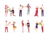 Men giving bouquet of flowers to women set. Congratulations of women on holiday or making marriage proposal flat vector illustration