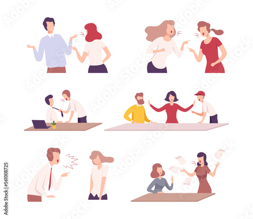 Boss scolding incompetent stressed workers set. Employees shouting at each other flat vector illustration