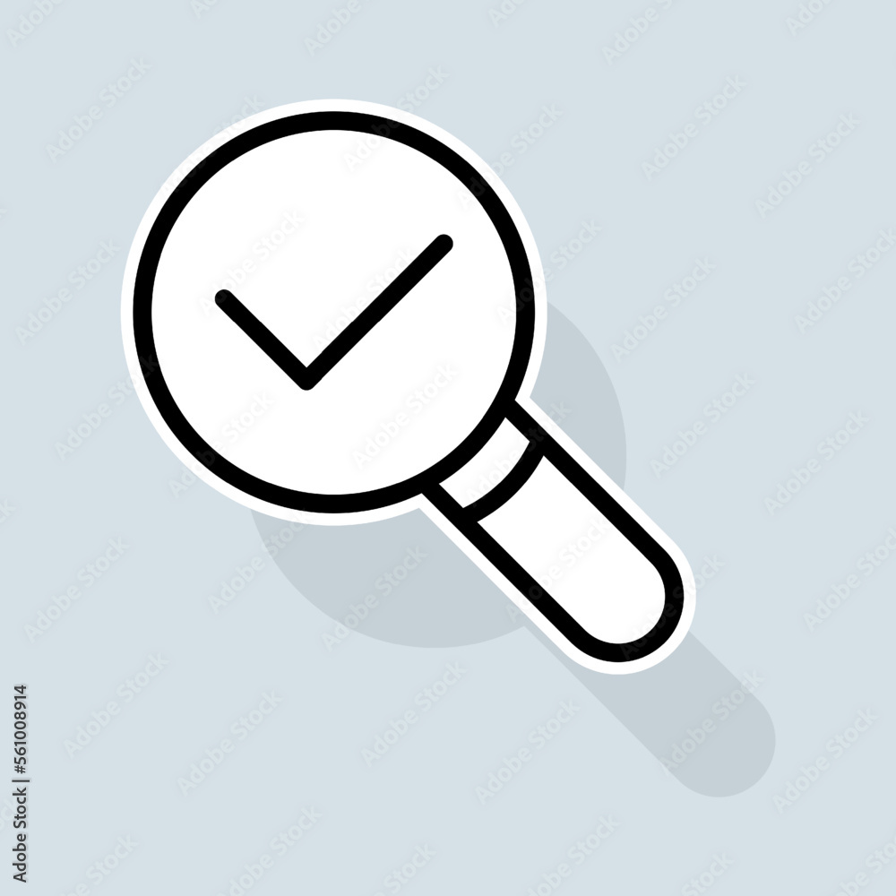 Magnifying glass with check mark line icon. Like, dislike, rate the service, clipboard with checkmark, rating, clipboard with thumbs up. Feedback concept. Vector sticker line icon on white background Magnifying glass with check mark line icon. Like, dislike, rate the service, clipboard with checkmark, rating, clipboard with thumbs up. Feedback concept. Vector sticker line icon on white background