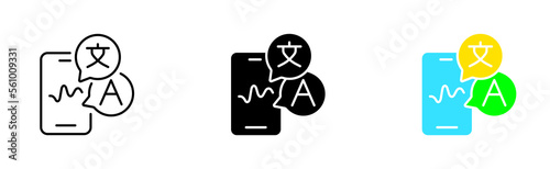 Translator in the phone set icon. Translate site into your language, show original, select language, polyglot. Versionist concept. Vector icon in line, black and colorful style on white background