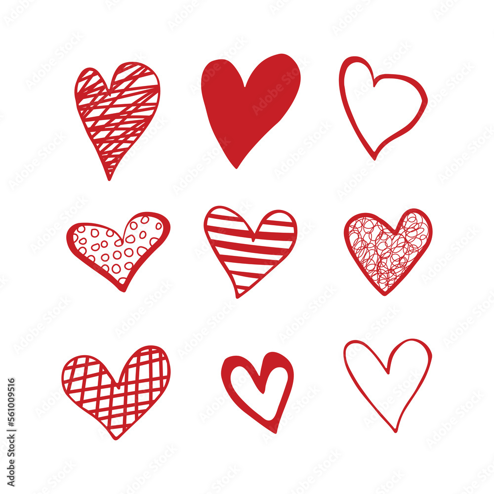 red hearts doodle set. Different shapes and patterns of hearts isolated on a white background. Valentine's Day. Clipart. Vector illustration red hearts doodle set. Different shapes and patterns of hearts isolated on a white background. Valentine's Day. Clipart. Vector illustration