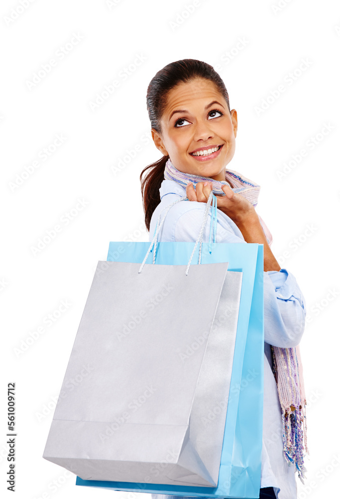 Woman, shopping bags and smile for fashion sale, discount or deal against white studio background. Happy isolated female shopper smiling holding gift bag for retail shopping spree on white background Woman, shopping bags and smile for fashion sale, discount or deal against white studio background. Happy isolated female shopper smiling holding gift bag for retail shopping spree on white background