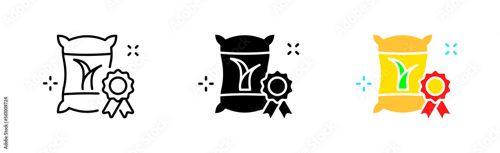 Bag of cane sugar with quality mark. Sugar cubes, sweeten, sugar cubes, coffee, tea, saucepan, cup, diabetes, sugar bowl. Dessert concept. Vector icon in line, black and colorful style Bag of cane sugar with quality mark. Sugar cubes, sweeten, sugar cubes, coffee, tea, saucepan, cup, diabetes, sugar bowl. Dessert concept. Vector icon in line, black and colorful style