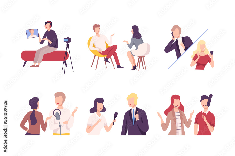 Host interviewing guest, communicating in studio and recording audio podcast or online show set cartoon vector illustration Host interviewing guest, communicating in studio and recording audio podcast or online show set cartoon vector illustration