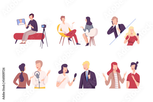 Host interviewing guest, communicating in studio and recording audio podcast or online show set cartoon vector illustration