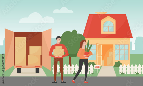 Young family couple moving to new house. Man holding cardboard box with household stuff, woman holding home plant. Boxes in the trunk of the truck. Vector flat illustration