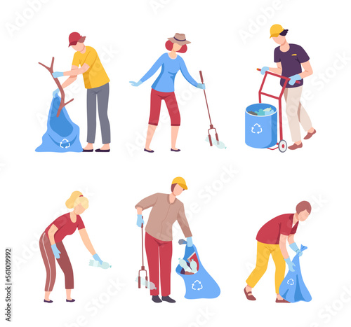 Set of male and female volunteers collecting rubbish into bags. People caring about environment and collecting garbage in nature cartoon vector illustration