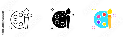 Brush with palette set icon. Creativity, creative occupation, compass, puzzle pieces, hand, brush, pen tool, draw, drawing, picture. Vector icon in line, black and colorful style