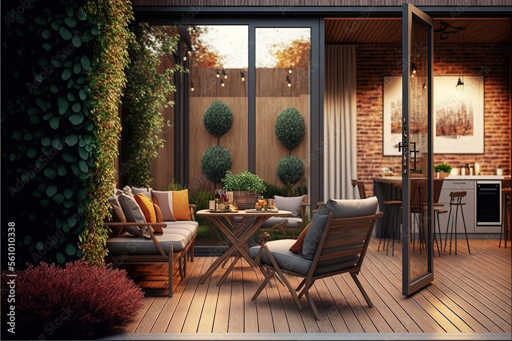 ai generated , Cozy patio area with garden furniture - obrazy, fototapety, plakaty 