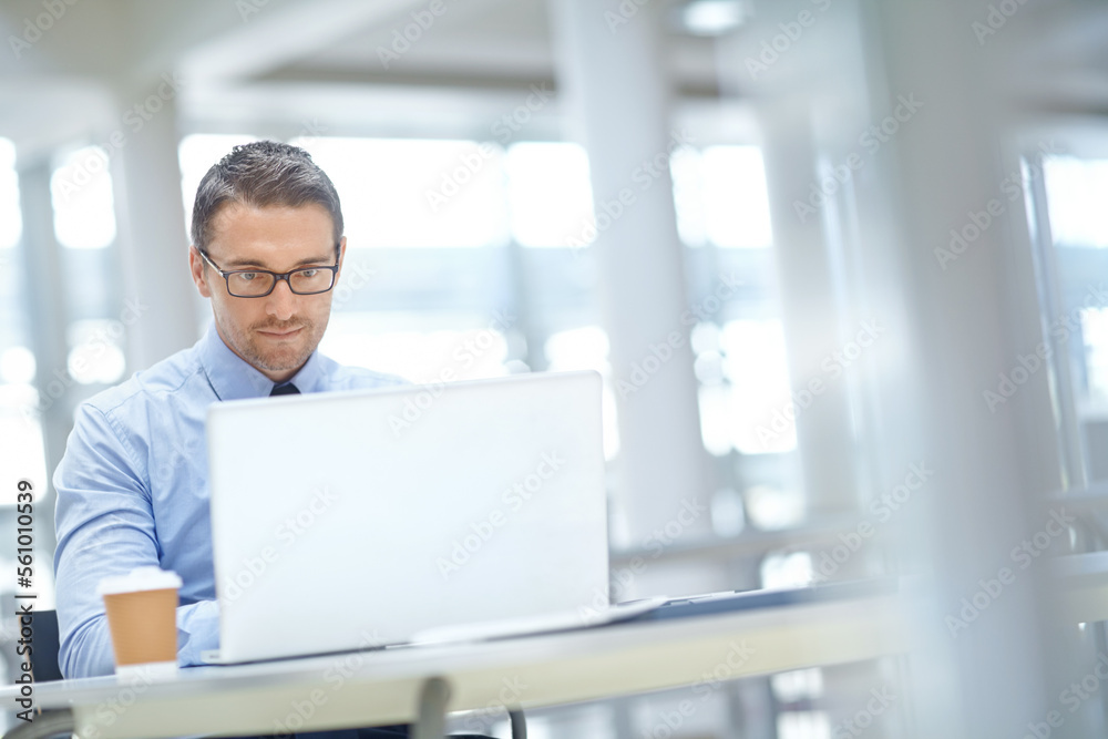 Laptop, corporate or business man thinking of invest strategy, finance growth or financial networking. CEO, tech or manager in office building planning, data analysis or economy data analytics review