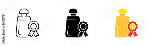 Salt shaker with reward. Sugar, Sweetness, sugar cubes, coffee, quality mark, saucepan, cup, flour. Dessert concept. Vector icon in line, black and colorful style on white background