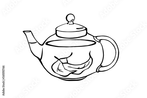 Transparent tea pot with with tea leaves inside black and white outline drawing