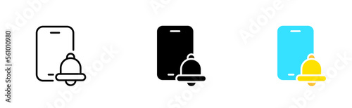 Ringing bell with phone line icon. Reminder, notification, ring, doorbell, jingle, ringtone, message, call, alarm clock. Sound concept. Vector icon in line, black and colorful style