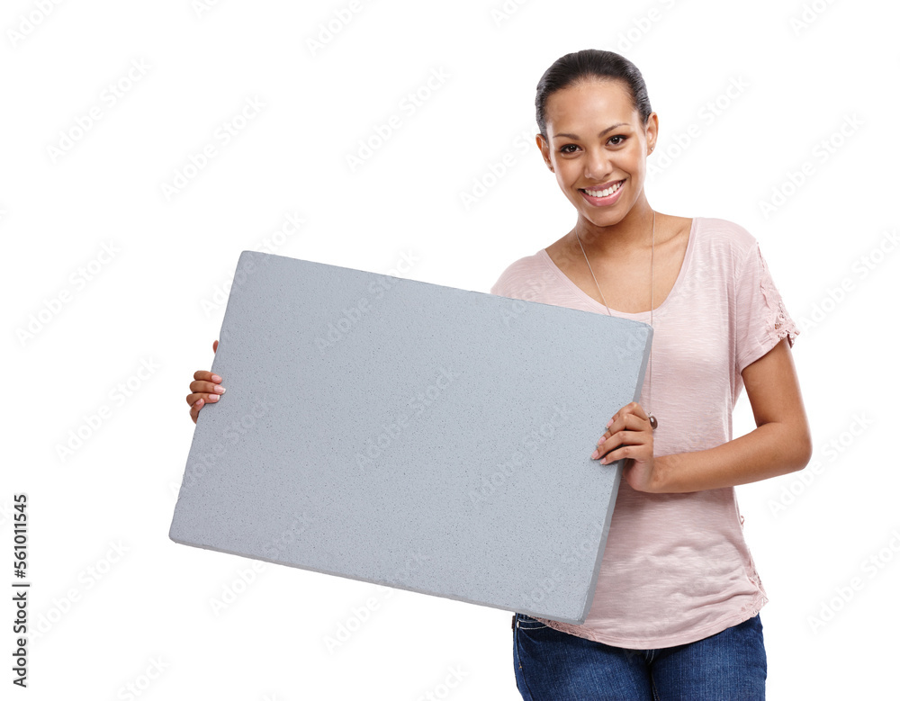 Black woman, blank sign and portrait of a model holding a marketing and advertisement poster. Isolated, white background and happy person smile with advertising billboard for sale or paper deal