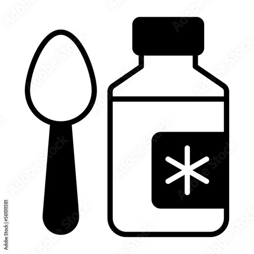 Spoon with syrup bottle denoting healthcare and medical icon
