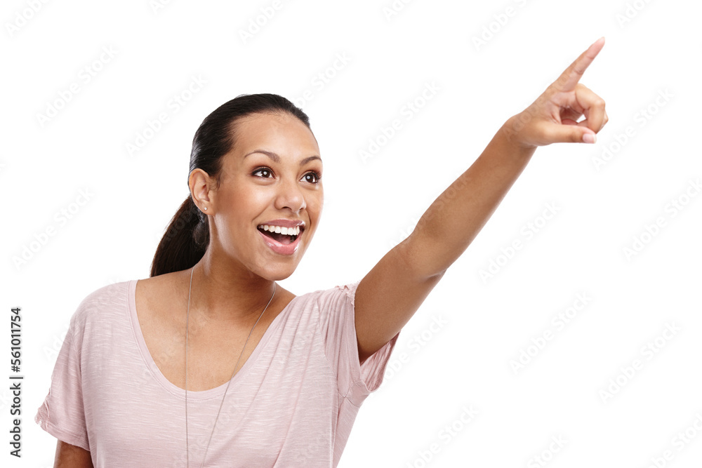 Woman, happy and excited pointing finger in studio for advertising mockup, marketing promo or sales product suggestion. Happy person, point hands and vision motivation isolated in white background Woman, happy and excited pointing finger in studio for advertising mockup, marketing promo or sales product suggestion. Happy person, point hands and vision motivation isolated in white background