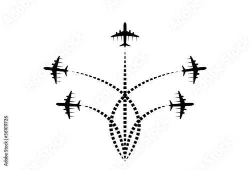 Airplanes with complex line routes vector illustration.  Airport strike, chaos, transport concept illustration to use in tourism, holiday, flight delay, canceled flight design projects.

