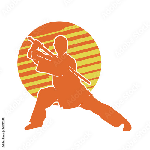Vector silhouette of a Chinese wushu fighter with a long sword in hand.