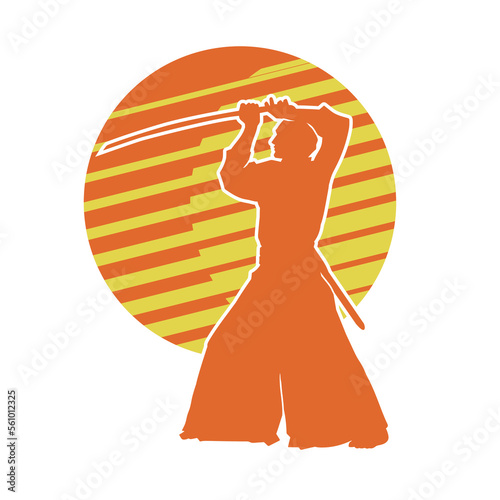 Kendo fighters hold katana in traditional clothes silhouette. Samurai illustration on stripe yellow background.