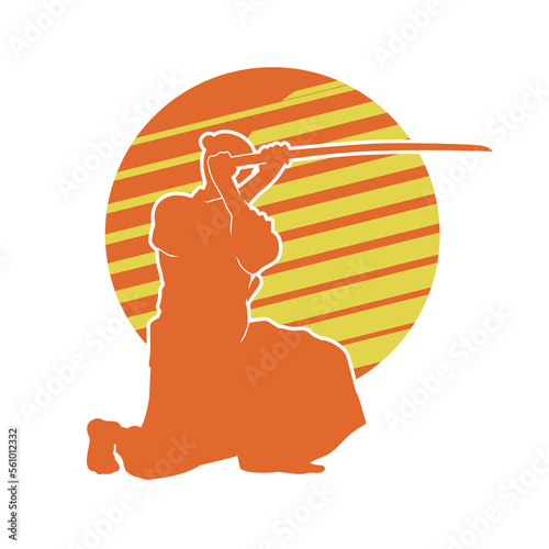 Kendo fighters hold katana in traditional clothes silhouette. Samurai illustration on stripe yellow background.