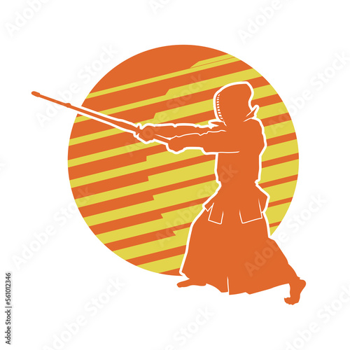 Kendo fighters hold katana in traditional clothes silhouette. Samurai illustration on stripe yellow background.