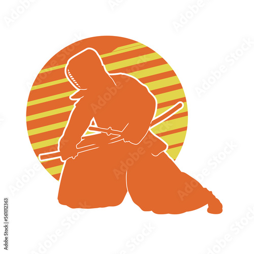 Kendo fighters hold katana in traditional clothes silhouette. Samurai illustration on stripe yellow background.