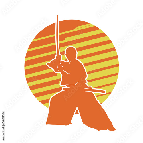 Vector silhouette of a Chinese wushu fighter with a long sword in hand.