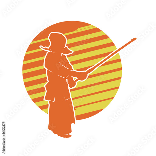 Kendo fighters hold katana in traditional clothes silhouette. Samurai illustration on stripe yellow background.