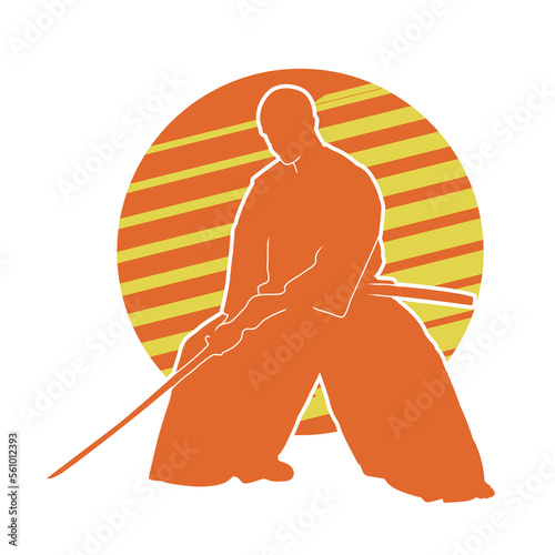 Vector silhouette of a Chinese wushu fighter with a long sword in hand.