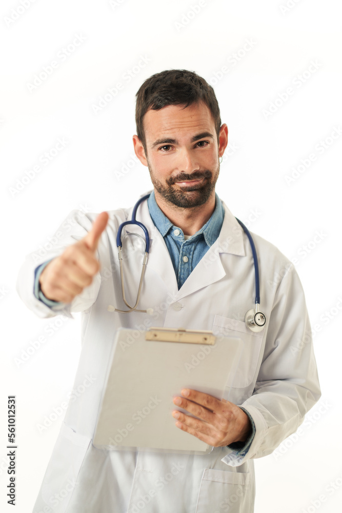 Portrait of a young male doctor with a portfolio with testing gesture, isolated on white background