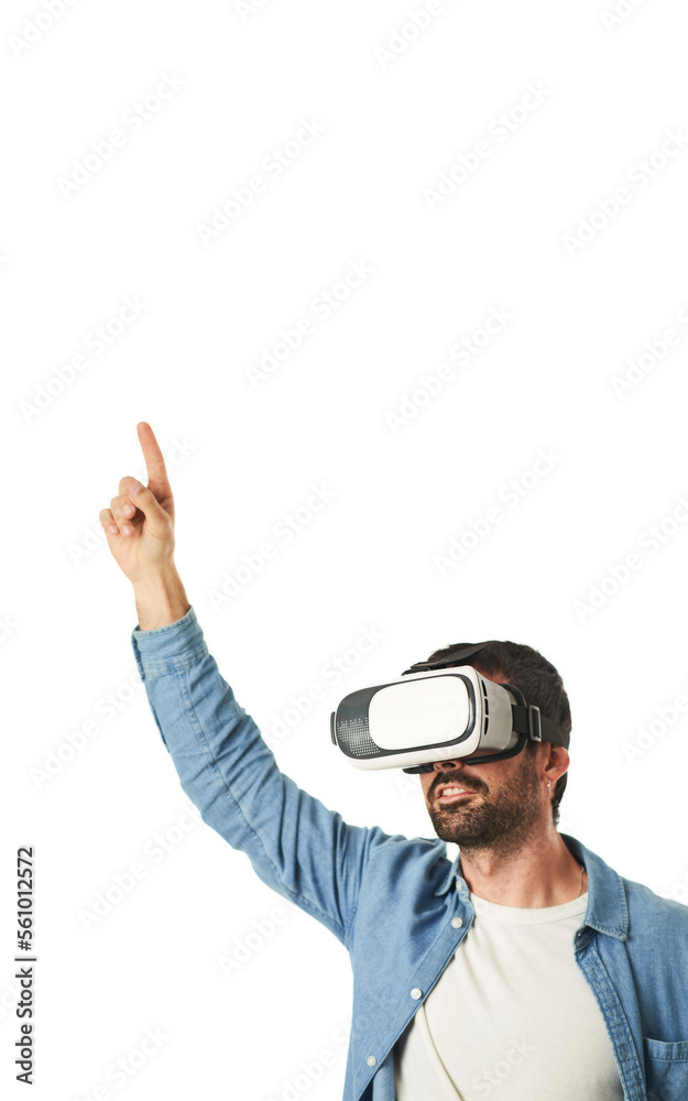 Smiling man wearing VR glasses with funny gesture isolated on white background Smiling man wearing VR glasses with funny gesture isolated on white background