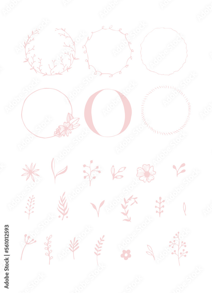 Pink Botanical circle frame flowers and leaves. Hand drawn round line border, leaves and flowers, wedding invitation and cards, logo design and posters template. Elegant vector illustration Pink Botanical circle frame flowers and leaves. Hand drawn round line border, leaves and flowers, wedding invitation and cards, logo design and posters template. Elegant vector illustration