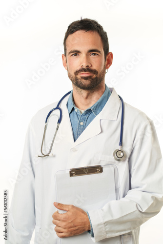 Portrait of a young male doctor with a folder looking at the camera, isolated on white background