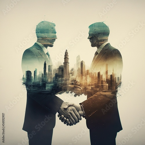 The double exposure handshake businees and city.Generative AI photo