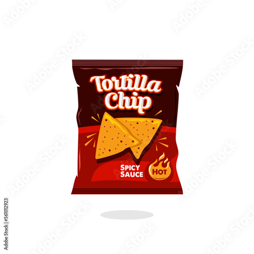 spicy hot snack tortilla chips bag plastic packaging design illustration icon for food and beverage business, potato snack branding element logo vector.