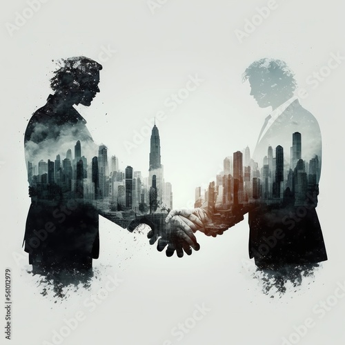 The double exposure handshake businees and city.Generative AI