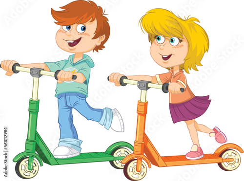 Boy and girl riding scooter.
Color vector illustration of a cartoon teens characters riding kick scooter.