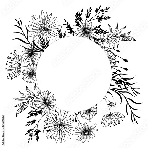 Round floral frame with decorative wild flowers. Hand drawn black and white vector illustration.