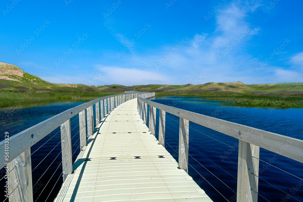 Floating boardwalk heading to the dunes in Prince Edward Island National Park, Canada.