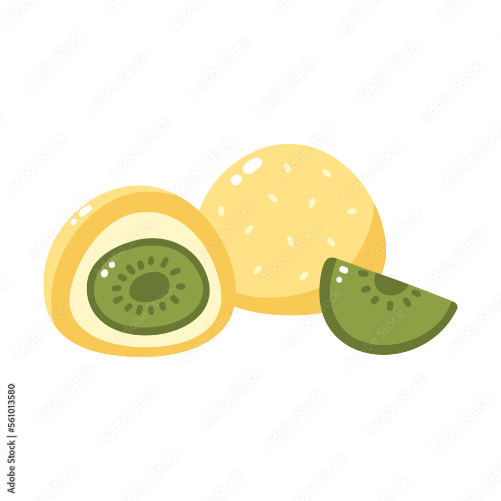 Mochi with kiwi filling. Vector illustration of Japanese sweets and desserts. Kawaii print Mochi with kiwi filling. Vector illustration of Japanese sweets and desserts. Kawaii print