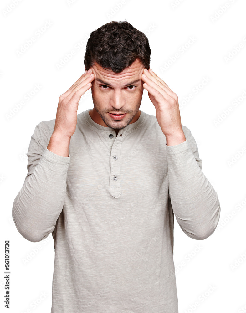 Mental health, headache and studio portrait of man with anxiety problem, burnout fatigue and depressed over mistake. Medical healthcare crisis, sad depression and model migraine on white background Mental health, headache and studio portrait of man with anxiety problem, burnout fatigue and depressed over mistake. Medical healthcare crisis, sad depression and model migraine on white background