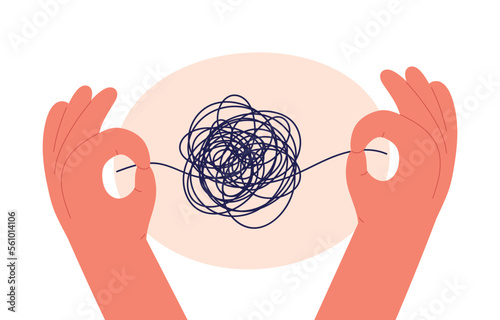 mental health concept. hands with black chaos line. brain like puppet in terapy. Flat vector illustration photo