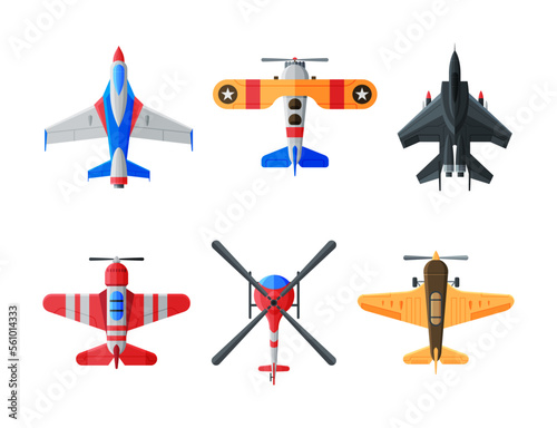 Top view of aircrafts set. Various civil and military airplanes cartoon vector illustration