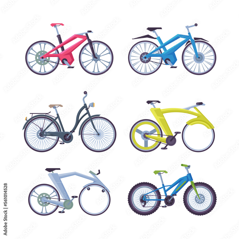Set of bicycles. Side view of different modern bikes. Urban and sport eco friendly transport cartoon vector illustration Set of bicycles. Side view of different modern bikes. Urban and sport eco friendly transport cartoon vector illustration