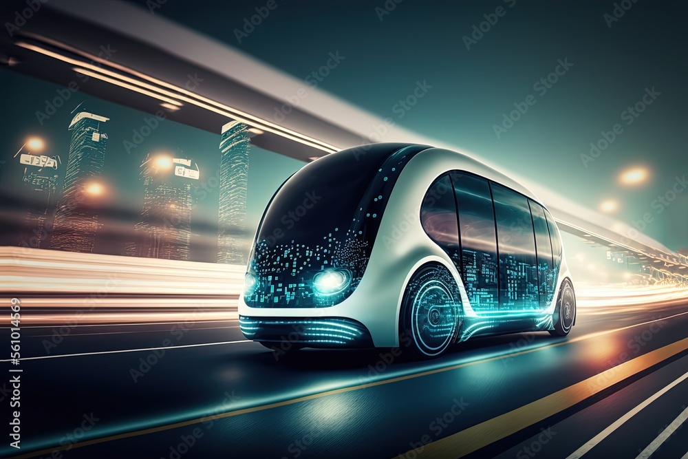 hi-tech future car with light trail and speed blur cityscape background	
